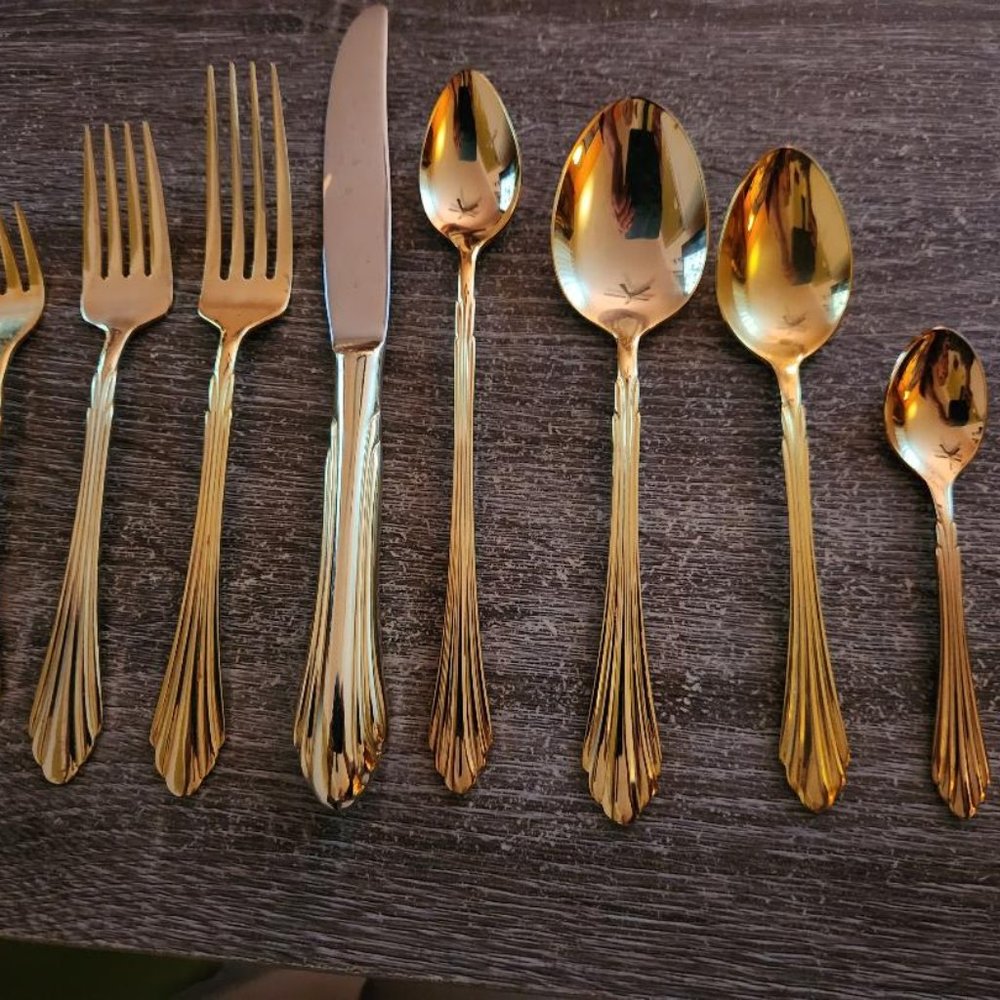 HOLIDAY ENTERTAINING:  Gold 80-piece flatware set from Retroneu